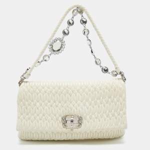 Miu Miu Off White Matelassé Leather Crystal Cloqué Flap Shoulder Bag