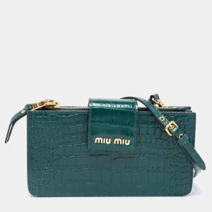 Miu Miu Green Croc Embossed Leather Phone Wallet Crossbody Bag