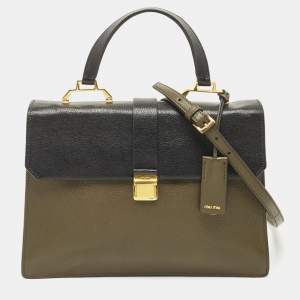 Miu Miu Green/Black Madras Leather Pushlock Flap Top Handle Bag