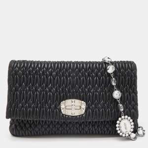 Miu Miu Black Matelassé Leather Crystals Chain Shoulder Bag