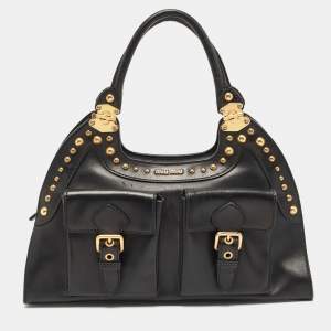 Miu Miu Black Leather Studded Pocket Satchel