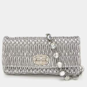 Miu Miu Metallic Silver Matelasse Leather Crystal Shoulder Bag