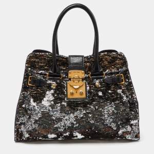 Miu Miu Silver/Black Sequins and Leather Tote