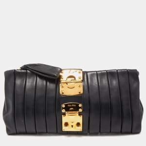 Miu Miu Black Pleated Striped Leather Clutch
