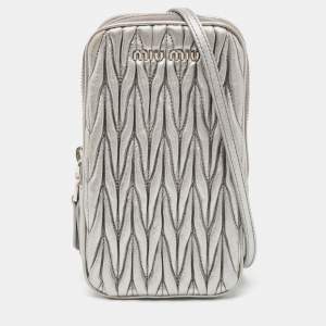 Miu Miu Silver Matelasse Leather Phone Holder Crossbody Bag
