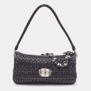 Miu Miu Black Matelassé Leather Crystal Shoulder Bag