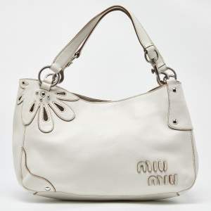 Miu Miu White Leather Floral Cut Hobo