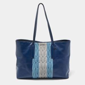 Miu Miu Two Tone Blue/Grey Leather Gathered Shopper Tote