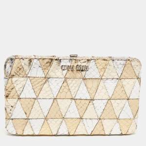 Miu Miu Silver/Gold Snakeskin Embossed Leather Frame Clutch 