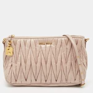 Pre Owned Miu Miu Dusty Pink Matelasse Leather Zip Baguette Bag