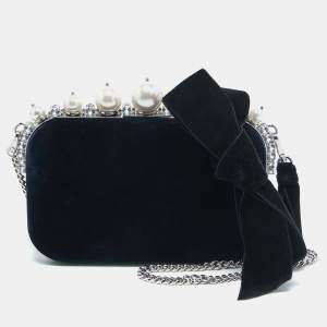 Miu Miu Navy Blue Velvet Pearl and Crystal Embellished Box Chain Clutch
