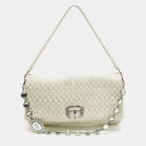 Miu Miu Off White Matelassé Leather Crystal Cloqué Flap Shoulder Bag