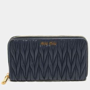 Miu Miu Navy Blue Matelasse Leather Zip Around Wallet