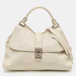 Miu Miu Off White Leather Pushlock Flap Top Handle Bag