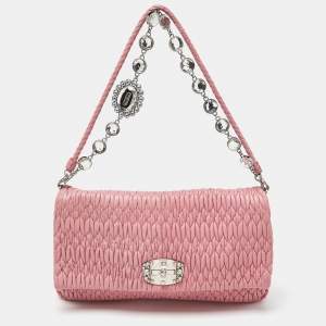 Miu Miu Pink Matelassé Leather Crystal Shoulder Bag