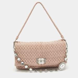 Miu Miu Light Pink Matelassé Leather Crystal Flap Shoulder Bag