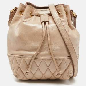 Miu Miu Beige Vitello Shine Leather Drawstring Bucket Bag