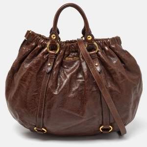 Miu Miu Brown Vitello Shine Leather Gathered Hobo