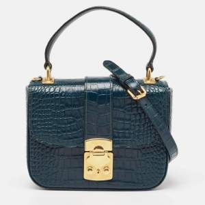 Miu Miu Teal Croc Embossed Leather Pushlock Flap Top Handle Bag