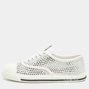 Miu Miu White Canvas Crystal-studded Gabardine Cotton Sneakers Size 40