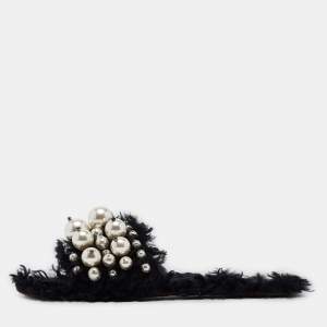 Miu Miu Black Fur Pearl Embellished Flat Slides Size 40