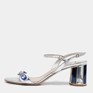 Miu Miu Metallic Silver Patent Leather Crystal Embellished Block Heel Ankle Strap Sandals Size 41