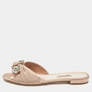 Miu Miu Beige Satin Crystal Embellished Flat Slides Size 38.5    