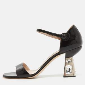 Miu Miu Black Patent Leather Ankle Strap Sandals Size 40