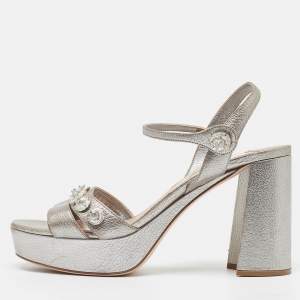 Miu Miu Silver Leather  Crystal Embellished Ankle Wrap Sandals Size 40