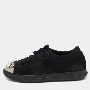 Miu Miu Black Suede Crystal Embellished Cap Toe Sneakers Size 40