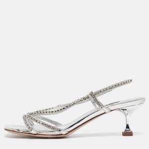 Miu Miu Silver Crystal Embellished Leather Slingback Sandals Size 37