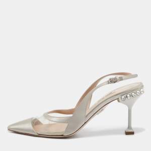 Miu Miu Grey Satin and PVC Crystal Embellished Slingback Pumps Size 37.5