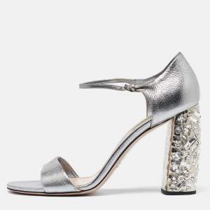 Miu Miu Silver Leather Crystal Embellished Block Heel Ankle Strap Platform Sandals Size 42