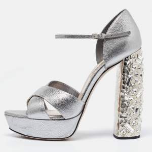 Miu Miu Metallic Silver Leather Crystal Embellished Block Heel Ankle Strap Platform Sandals Size 40