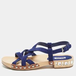 Miu Miu Blue Suede Crystal Embellished Strappy Flat Sandals Size 40