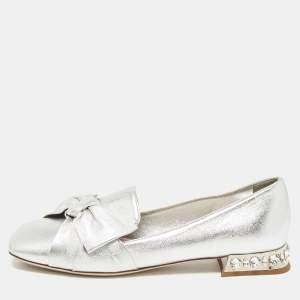 Miu Miu Silver Leather Bow Crystal Embellished Loafers Size 38