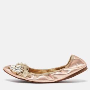 Miu Miu Metallic Rose Gold Leather Crystal Embellished Scrunch Ballet Flats Size 38.5