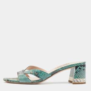 Miu Miu Green/Black Embossed Python Crystal Embellished Slide Sandals Size 37