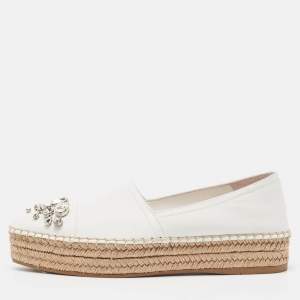 Miu Miu White Leather Crystal Embellished Espadrille Loafers Size 39 