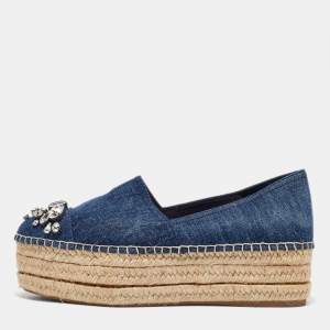 Miu Miu Blue Denim Crystal Embellished Cap Toe Platform Espadrilles Size 38