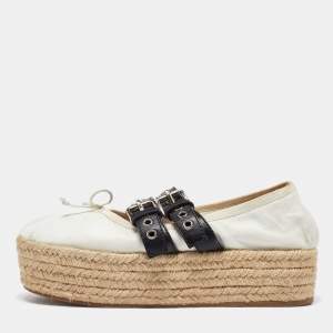 Miu Miu White/Black Leather Mary Jane Bow Platform Espadrille Ballet Flats Size 38.5