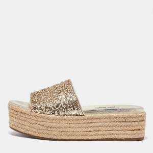 Miu Miu Gold Glitter and Leather Espadrille Wedge Sandals Size 38