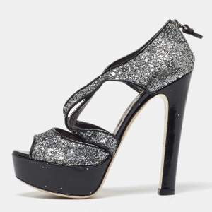 Miu Miu Metallic Grey Coarse Glitter Platform Sandals Size 38.5