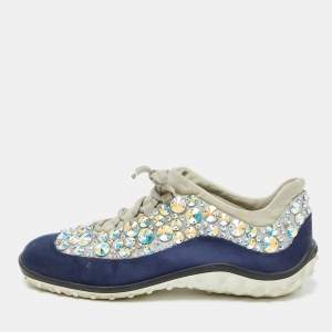 Miu Miu Grey/Blue Satin and Neoprene Astro Crystal Embellished Low Top Sneakers Size 40