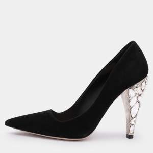 Miu Miu Black Suede Embellished Heel Pointed Toe Pumps Size 36.5