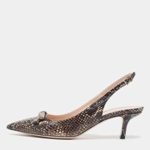 Miu Miu Black/Beige Embossed Snakeskin Bow Slingback Pumps Size 38.5