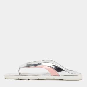 Miu Miu Silver/Pink Leather and Patent Thong Flats Size 36