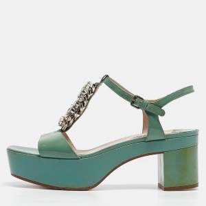 Miu Miu Green Patent Leather Crystal Embellished Platform Ankle Strap Sandals Size 41