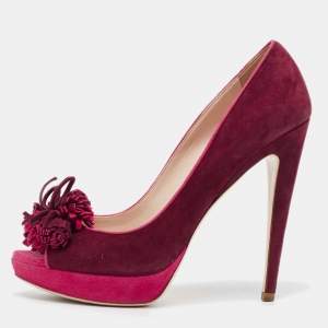 Miu Miu Plum/Pink Suede Tassel Detail Peep Toe Platform Pumps Size 40.5