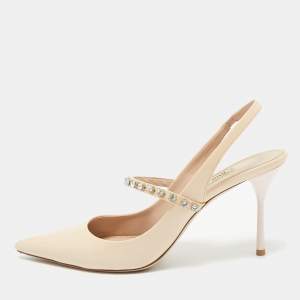 Miu Miu Beige Patent Leather Crystal Slingback Pumps Size 39